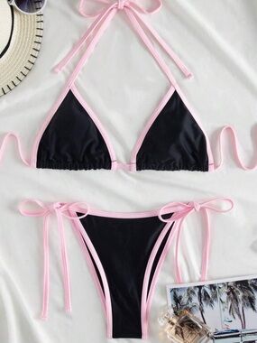 SMALL Black and Pink Contrast String Bikini